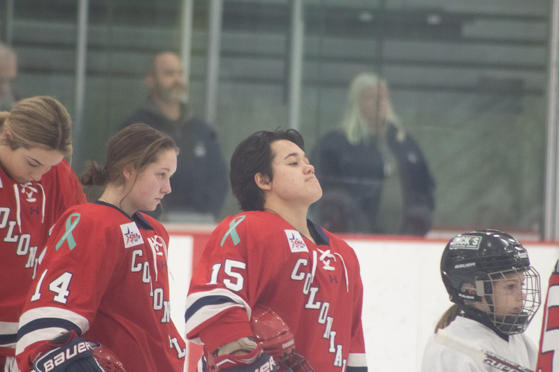 Sarah Lecavalier looks on during the National Anthem before the Colonials take on RIT. Neville Island, PA Friday Jan. 25, 2019. (RMU Sentry Media/Michael Sciulli)