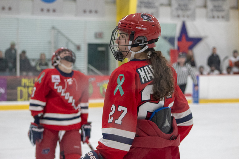 Natalie Marcuzzi looks on after a penalty against Robert Morris. Neville Island, PA Friday Jan. 25, 2019. (RMU Sentry Media/Samuel Anthony)