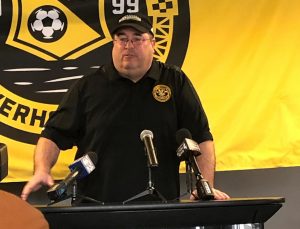 PITTSBURGH -- Riverhounds' manager Bob Lilley speaks at the 20th anniversary press conference (Jon Hanna/RMU Sentry Media).