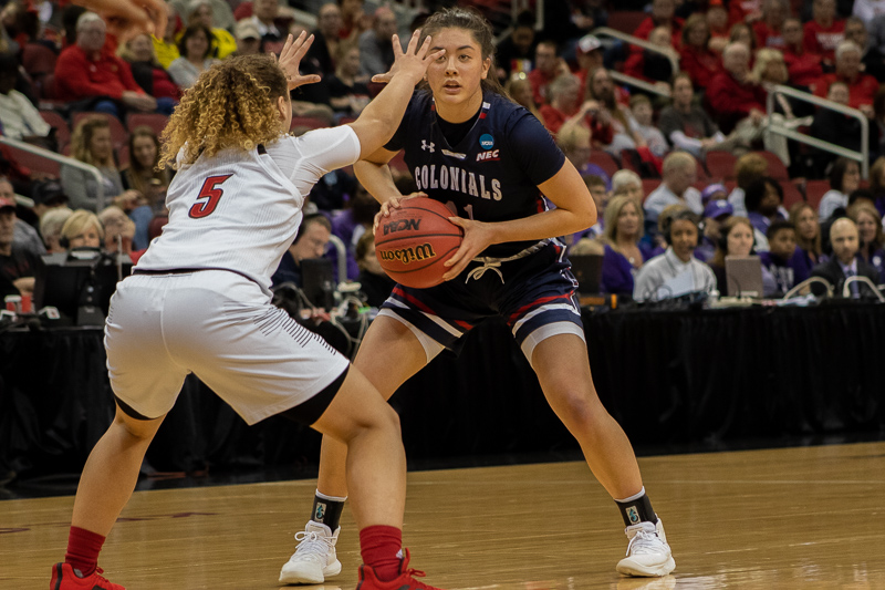 Natalie Villaflor stands with the ball at the top of the arc in the NCAA tournament. March 27, 2019 Louisville Ky. (Samuel Anthony/RMU Sentry Media)