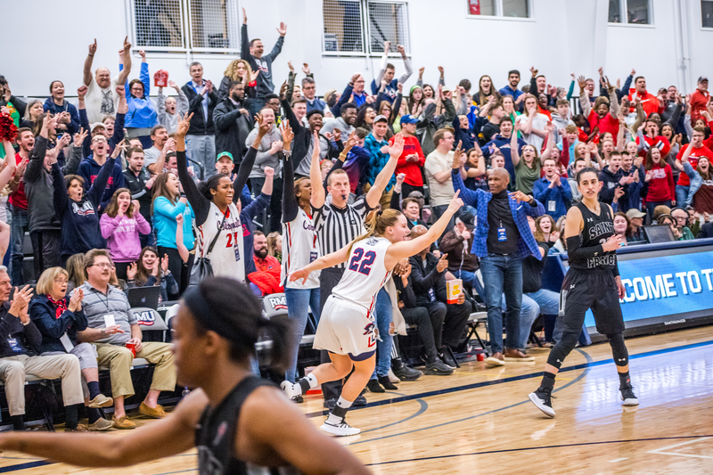 Esther Castedo hits clutch three late in the NEC championship game. March 17, 2019 Moon Township, PA (David Auth/RMU Sentry Media)