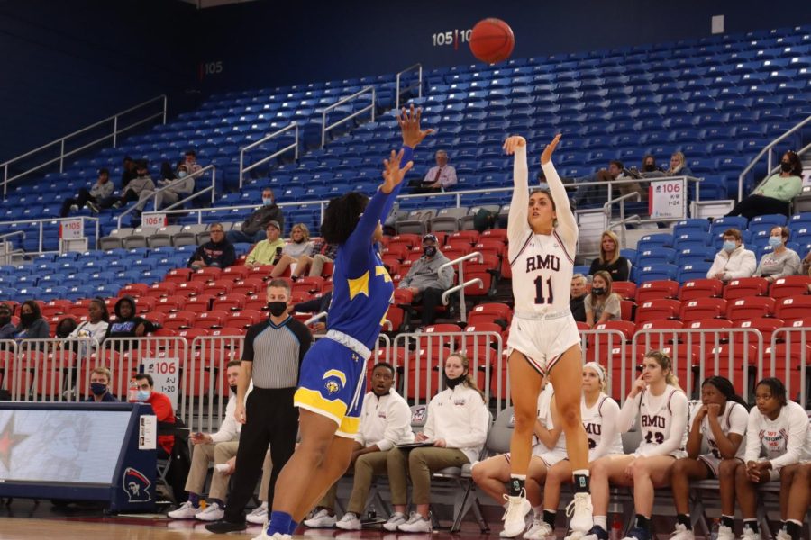 Robert Morris guard Natalie Villaflor nails a three-point shot in Colonials 69-45 win over Morehead State Wednesday afternoon. Photo credit: Ethan Morrison