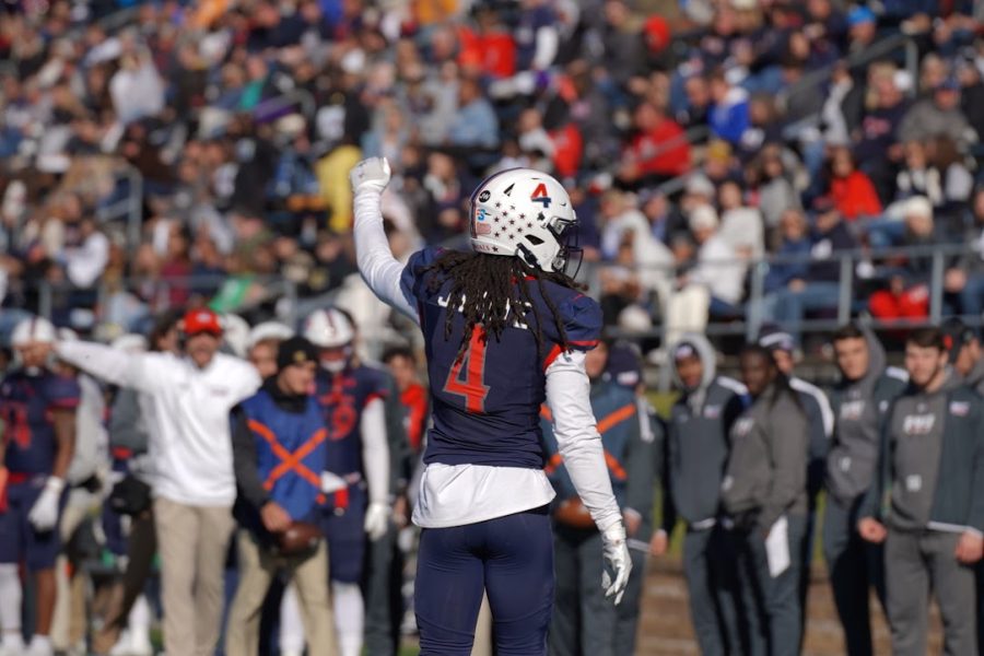 Jacob+White+celebrates+a+stop+in+RMU+Footballs+loss+to+Kennesaw+State.+Photo+credit%3A+Justin+Newton