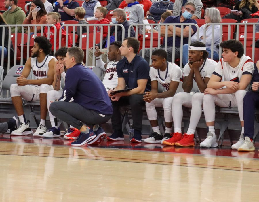 The Robert Morris bench looks on against Florida Gulf Coast. Photo Credit: Ethan Morrison