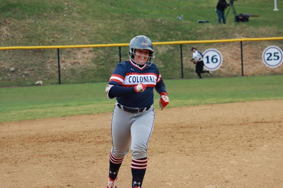 Erika Bell rounds the bases after hitting a go-ahead solo homerun in the bottom of the sixth inning to give the Colonials a 7-6 lead over Cleveland State. Photo credit: Ethan Morrison