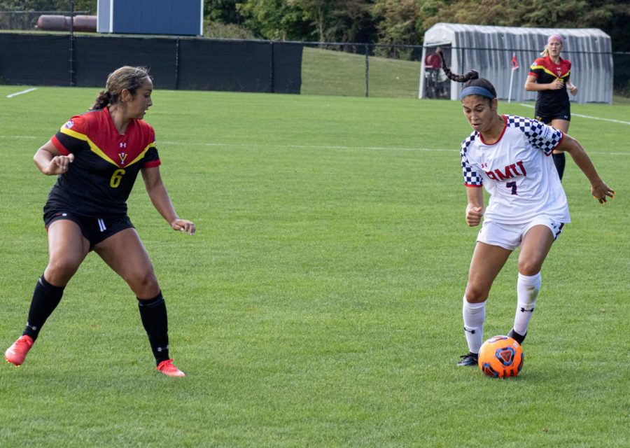 One of the two Colonial goal scorers Gabriella Lecuona pushes the ball ahead against VMI. Photo Credit: Nathan Breisinger