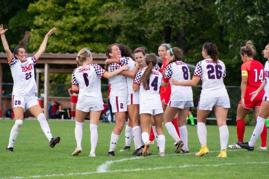 Colonials celebrate Elisa Corvalans game-winning goal in the teams 2-1 win over Detroit Mercy on Sunday. Photo credit: Cameron Macariola