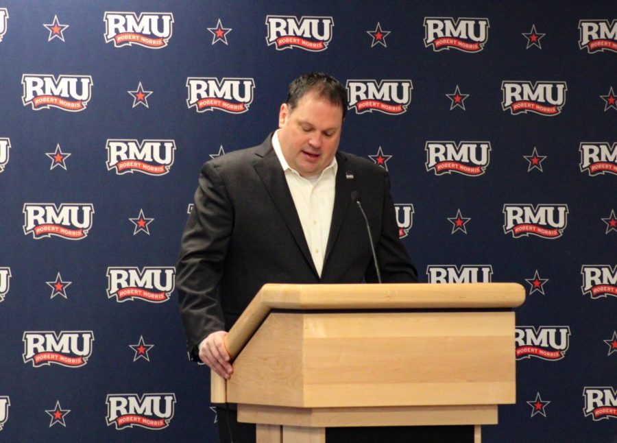 Robert Morris Athletic Director speaks at the RMU Athletics Hall of Fame Induction Brunch Saturday afternoon