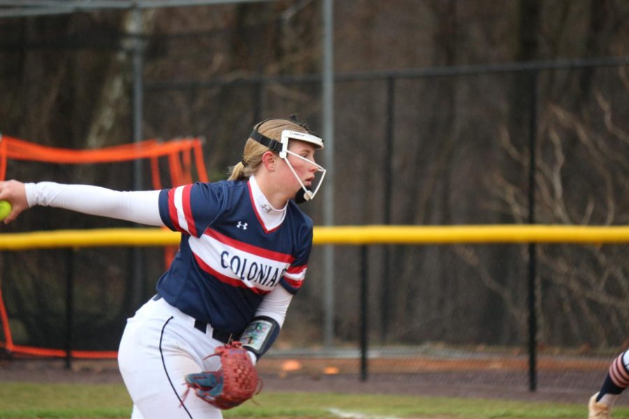 Jane Garver took the mound for the Colonials, allowing three runs before the suspension